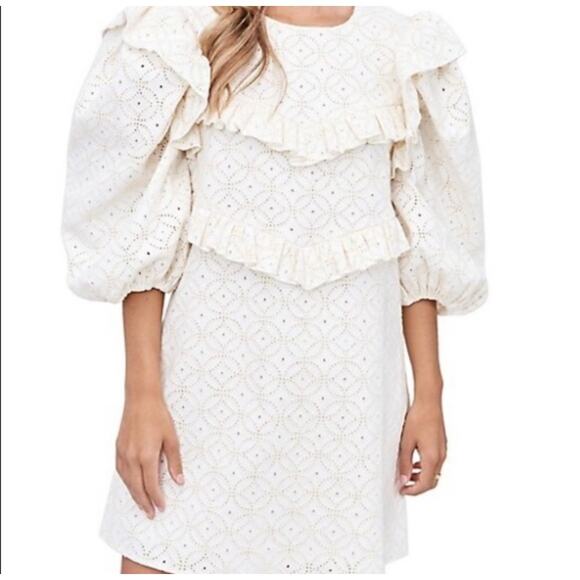 En Saison Cream Denim Embroidered Ruffle Short Dress, size S - Picture 1 of 8